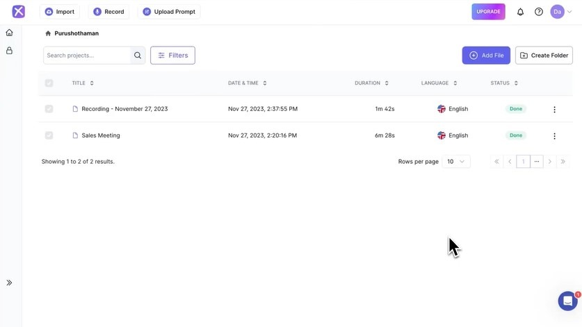 Exemplary AI dashboard listing recorded projects with title, date, duration, language, and processing status.
