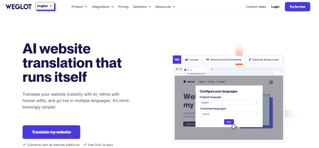 Weglot homepage showing a setup panel where the user selects English as the original language and French as the translated one.