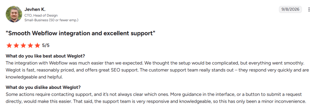 Weglot review praising the Webflow integration, SEO support, and a responsive support team.