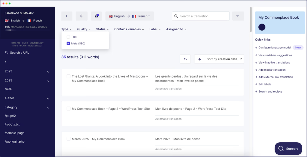 Weglot Translations List showing English to French strings side by side, with a language summary showing 14% of words manually reviewed.