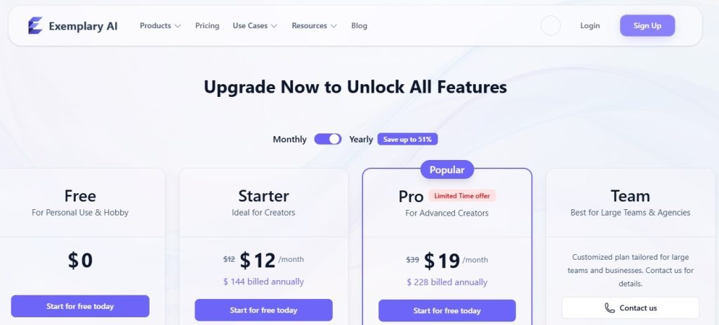 Exemplary AI pricing page showing Free, Starter, Pro, and Team plans with a monthly and yearly billing toggle.
