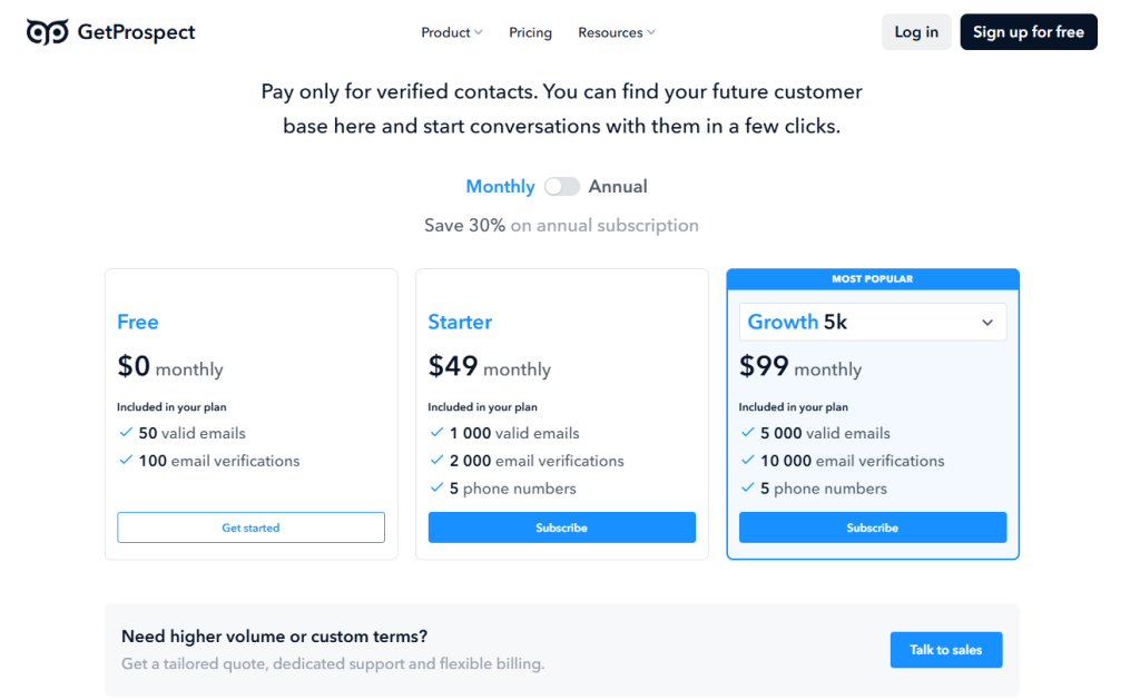 GetProspect pricing page showing three plans, with Free at $0, Starter at $49 monthly, and Growth 5k at $99 monthly.