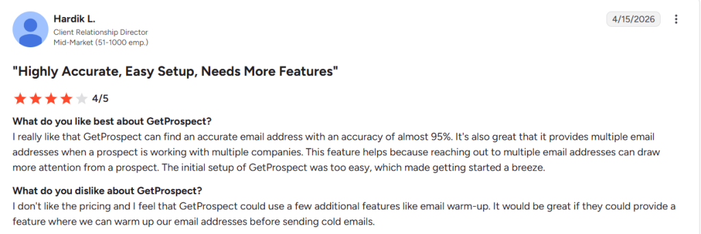 G2 review of GetProspect praising accuracy and easy setup while asking for email warm-up.