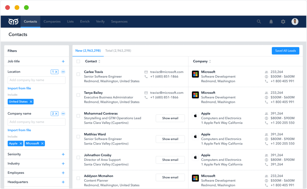 GetProspect contacts dashboard showing saved contacts with their companies and email addresses.