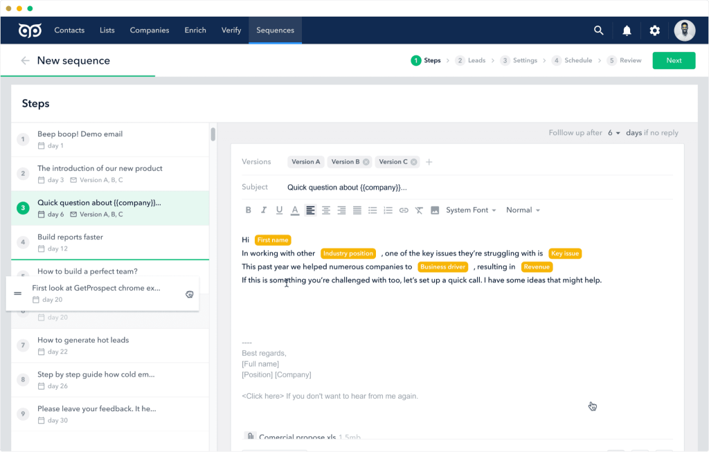 GetProspect sequence builder showing a nine-step email campaign scheduled across 30 days.