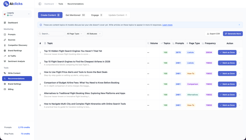 AIclicks Recommendations tab listing suggested content topics with volume, page type, and frequency columns.