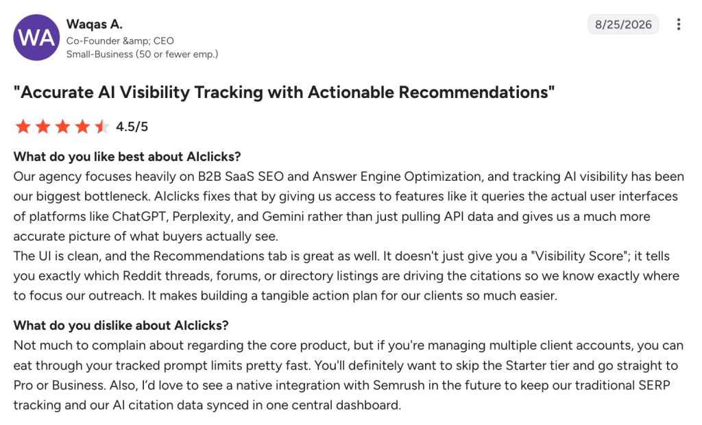 A 4.5-star G2 review, praising accurate tracking while noting prompt limits and missing integrations.