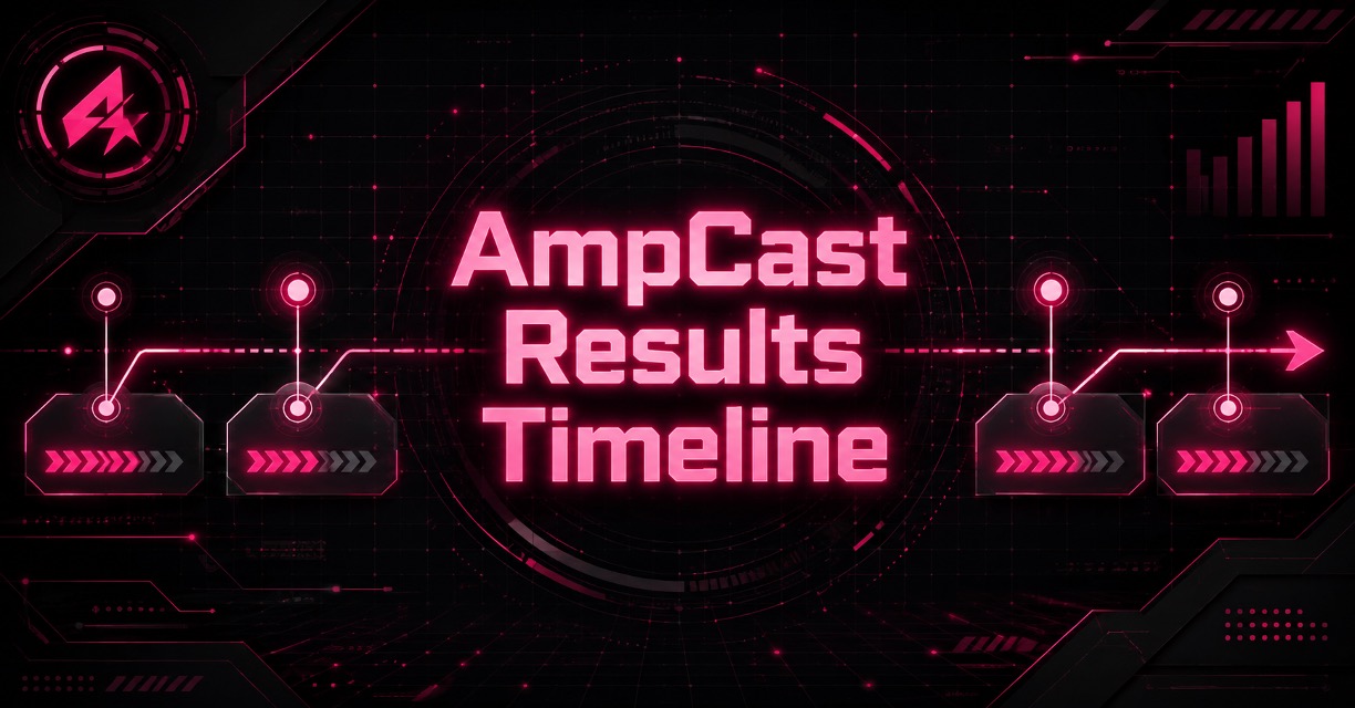"AmpCast Results Timeline" banner with milestone markers and rising bar chart