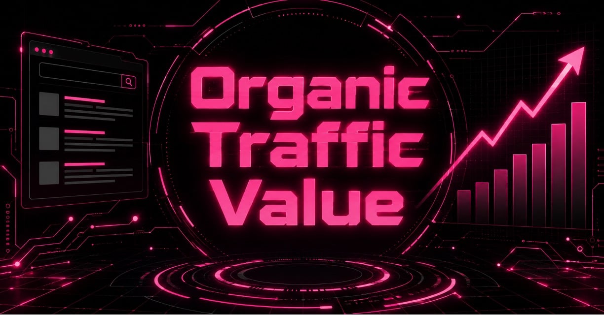 "Organic Traffic Value" graphic with search results panel and rising bar chart