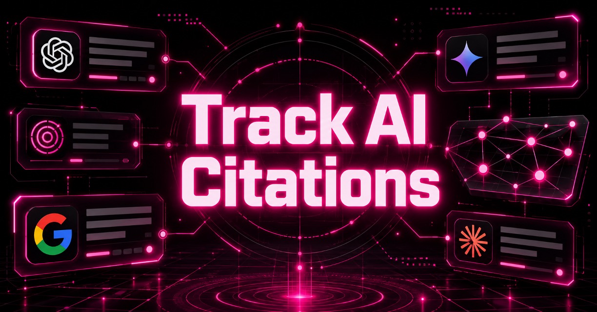 "Track AI Citations" graphic with AI assistant logos on neon panels around a network hub
