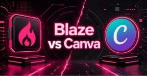 Blaze vs Canva hero graphic: Blaze's flame logo and content cards face off against Canva's design tools and color palettes