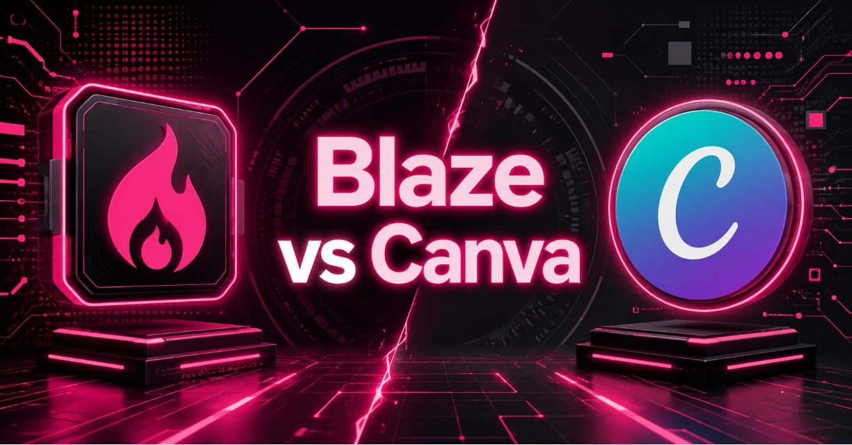 Blaze vs Canva hero graphic: Blaze's flame logo and content cards face off against Canva's design tools and color palettes