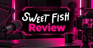 Cyberpunk Sweet Fish Review graphic featuring podcast microphone and camera