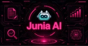 Cyberpunk futuristic illustration of Junia AI and its core features