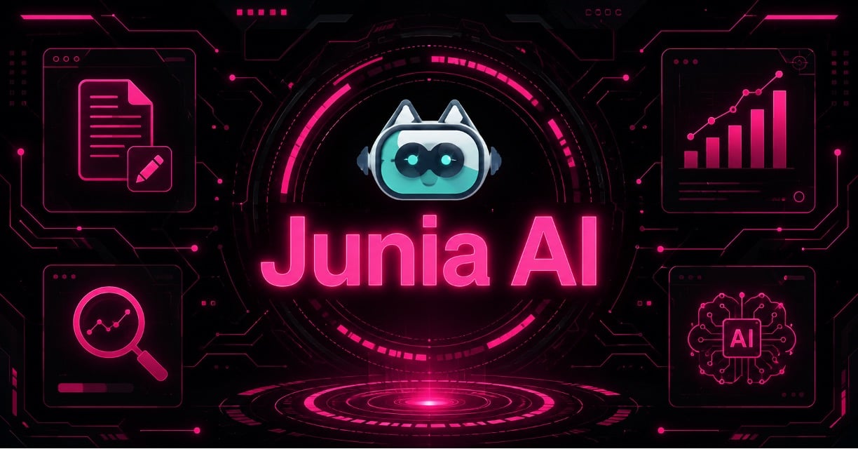 Cyberpunk futuristic illustration of Junia AI and its core features