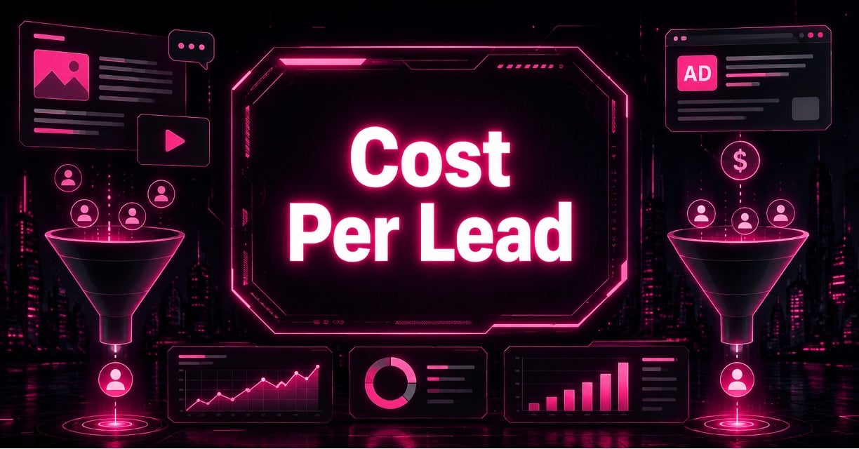 Neon "Cost Per Lead" dashboard flanked by content and paid ad funnels, with analytics charts showing B2B SaaS lead data