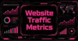 Neon pink "Website Traffic Metrics" title framed by dashboard charts, world map, and bar graphs