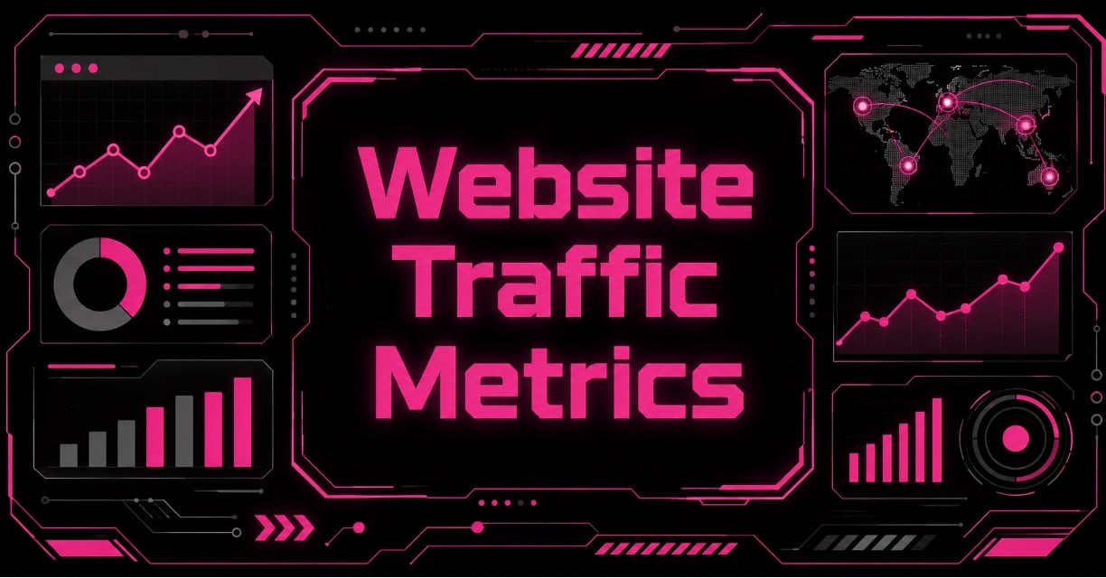 Neon pink "Website Traffic Metrics" title framed by dashboard charts, world map, and bar graphs