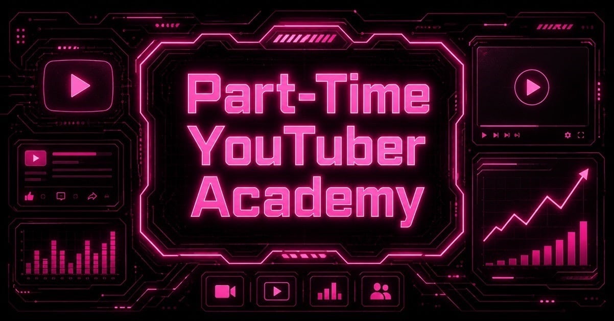 Part-Time YouTuber Academy title in pink neon on a tech-style background with video player and growth chart