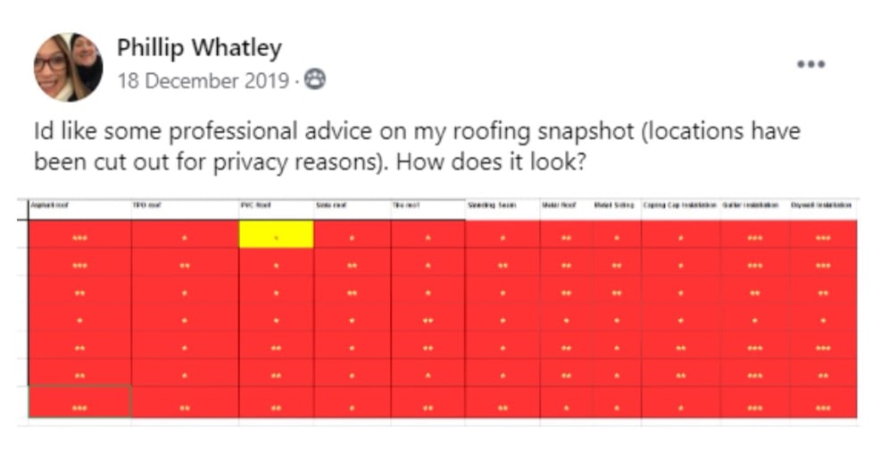 Phillip Whatley's Facebook post asking for advice on a roofing snapshot grid with almost every square red.