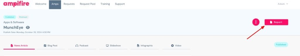 Published MunchEye Amp campaign page in AmpiFire, with a red arrow pointing to the “Report” button.