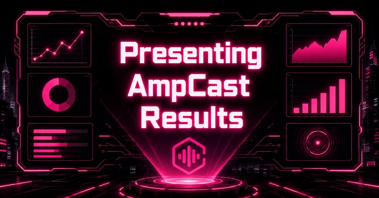 Neon pink "Presenting AmpCast Results" title graphic surrounded by holographic charts.