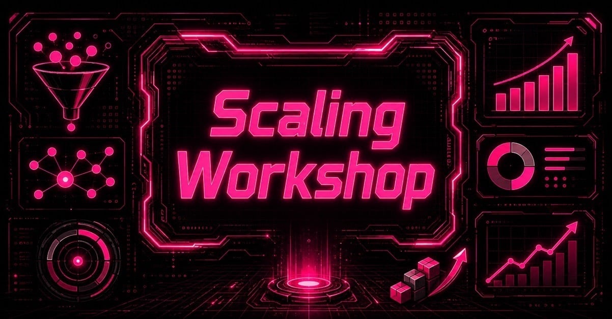 Scaling Workshop title in pink neon on a dark tech-style background with a sales funnel, growth charts, and network diagrams