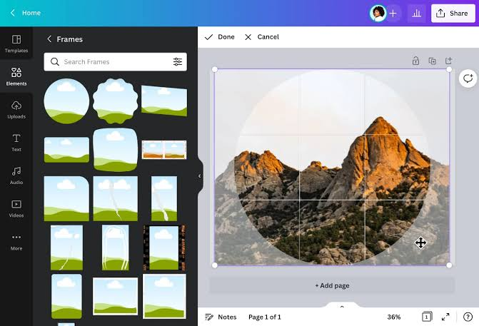 Canva editor showing a mountain photo being placed inside a circular frame template.