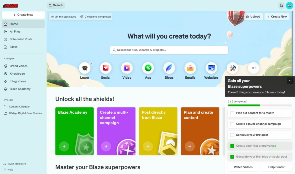 Blaze AI dashboard home screen displaying content creation categories and an onboarding checklist panel.