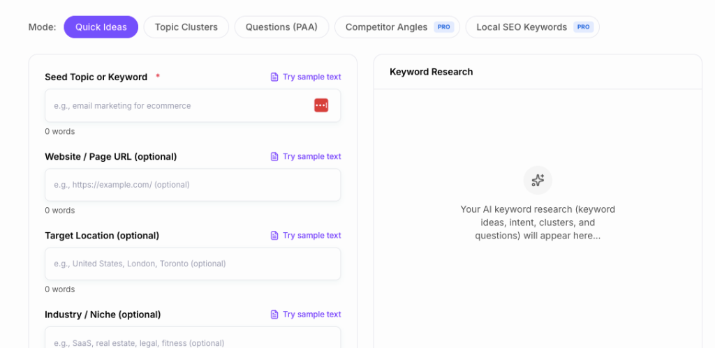 Screenshot showing Junia AI’s Keyword Research tool.