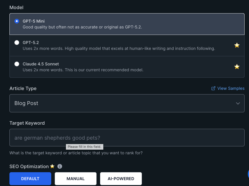 Screenshot showing the different AI models KoalaWriter features.