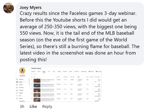 Social media comment from a baseball channel owner beside a YouTube Studio screenshot of his recent Shorts.