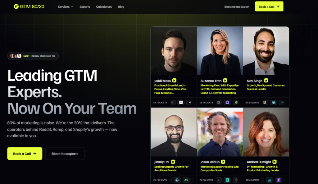 GTM 8020 homepage featuring six fractional go-to-market specialists with LinkedIn profiles and former client logos.