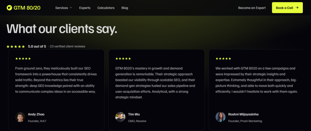 Client reviews from the GTM 8020 website highlighting SEO, demand generation, and strategic campaign results.