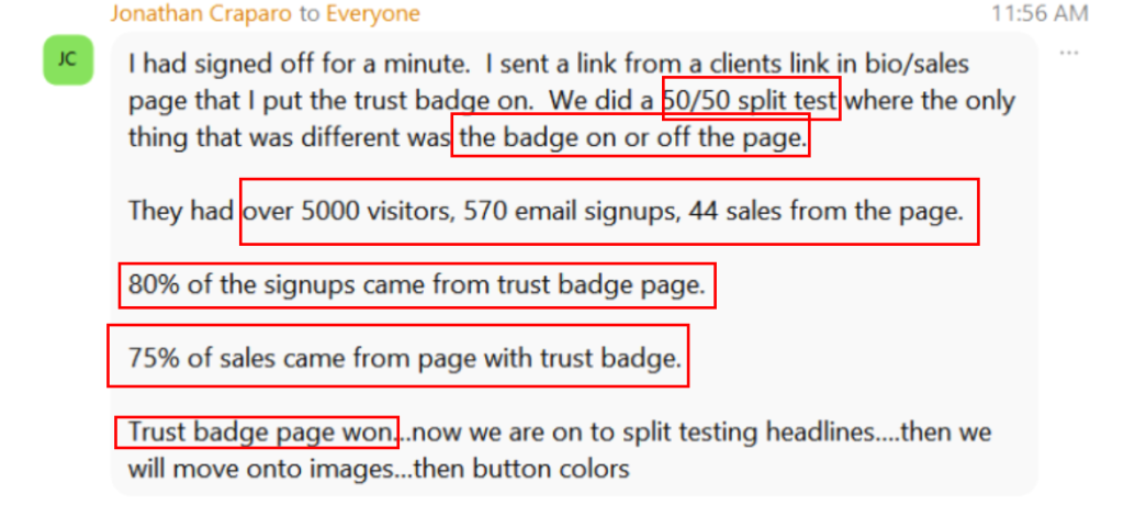 50/50 split test chat: 80% of the signups and 75% of sales came from the trust badge page.