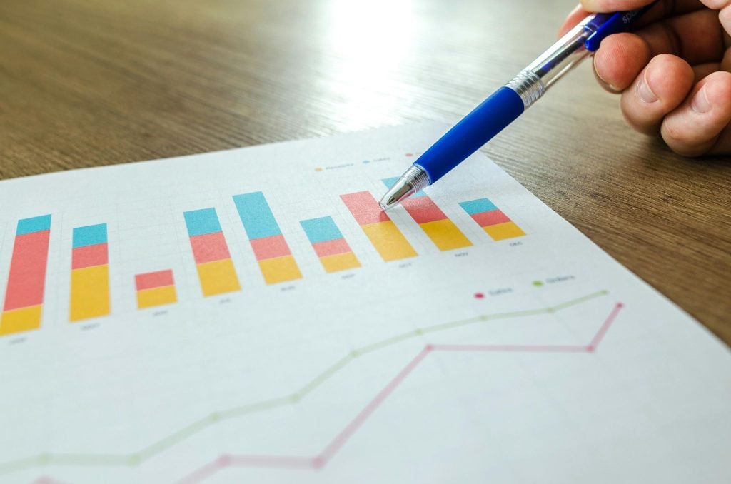 A printed bar chart and trend lines are being reviewed with a pen, showing multi-category performance data.