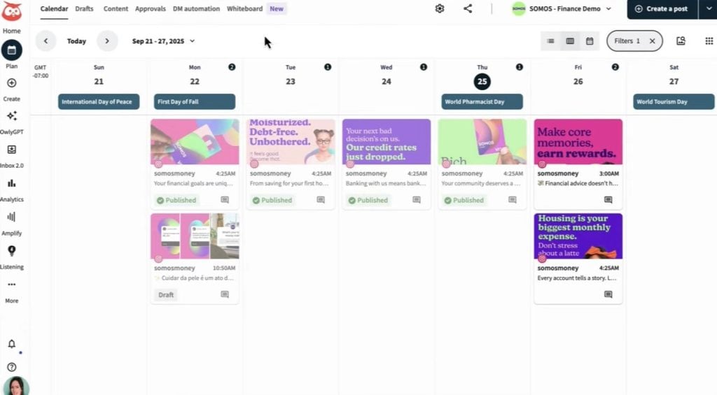 Hootsuite's weekly content calendar view showing scheduled and published social media posts.