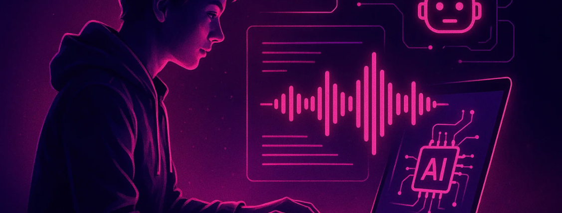 A digital illustration of a person using a laptop with article text on one side and a podcast waveform appearing on the other side with AI icons