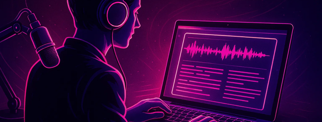 A digital illustration of a person wearing headphones and speaking into a microphone while editing audio on a laptop