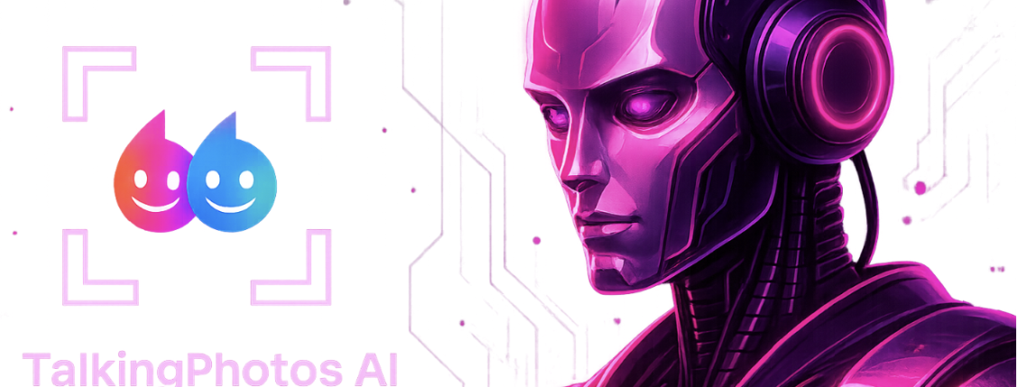 A pink and purple robot with a white background and TalkingPhotos AI’s logo on the left side