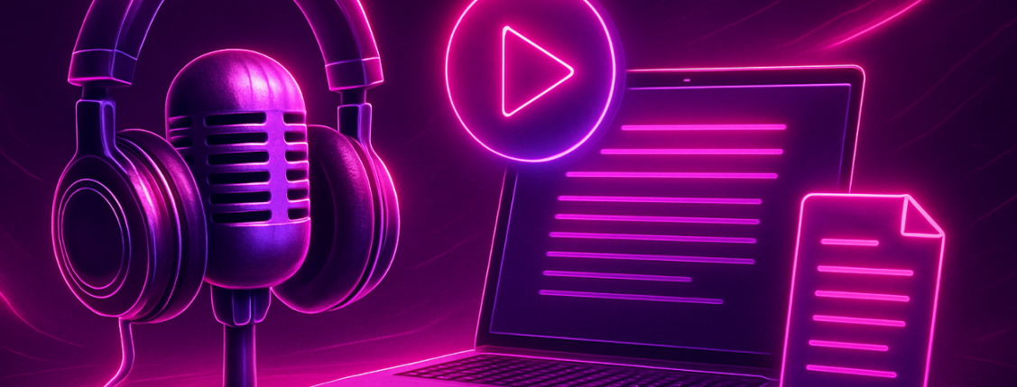 A podcast mic, headphones and laptop on a table