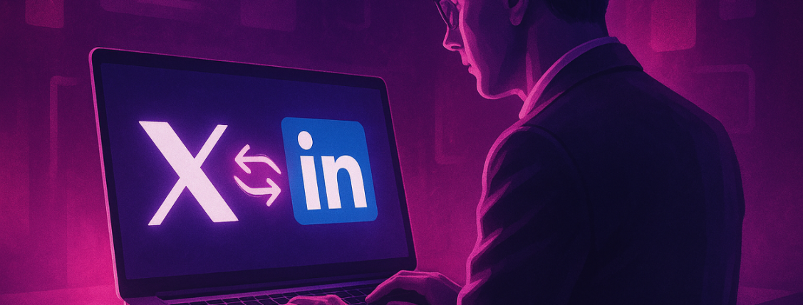 A professional using a laptop to manage social media accounts with X/Twitter and LinkedIn logos displayed on the screen