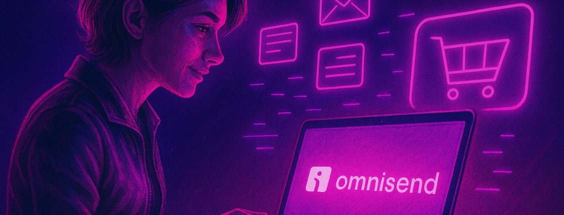 A woman working on a laptop displaying the Omnisend logo, surrounded by glowing digital icons representing email, messages, and online shopping