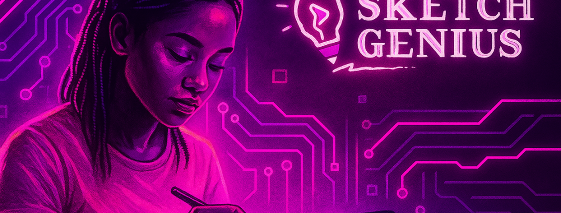 A woman writing on a tablet with a purple-pink motherboard background and “Sketch Genius” in the top-right corner