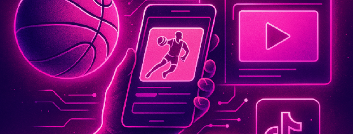 An illustration of a hand holding a phone showing a basketball player, with a basketball, video player window, and TikTok logo in the background