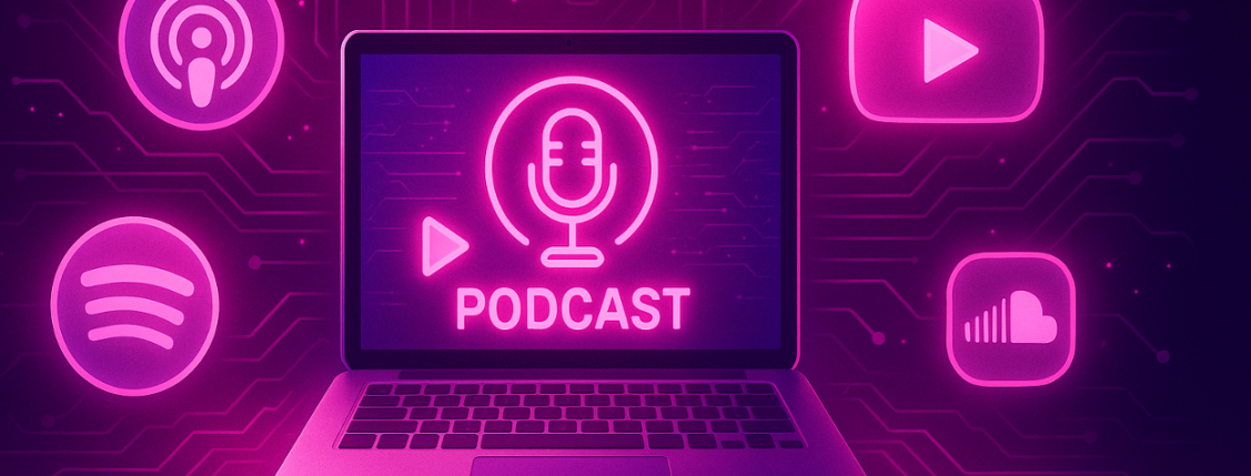 An illustration of a laptop displaying the word “PODCAST” with a microphone icon