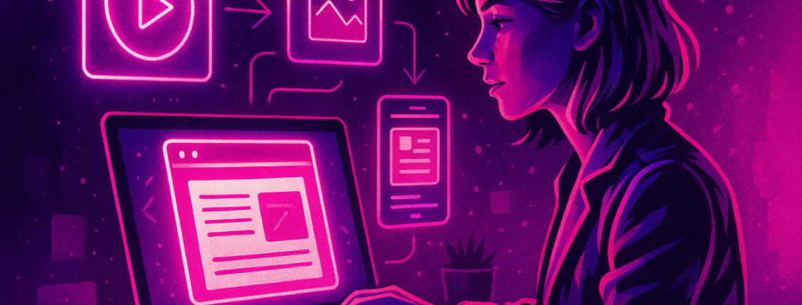 An illustration showing a woman repurposing content