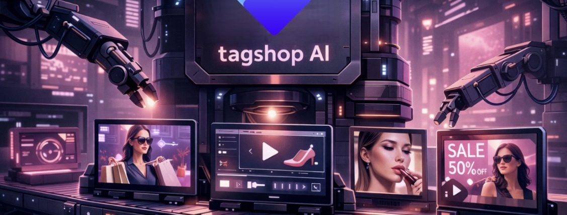 Cyberpunk-style illustration of a laptop displaying the Tagshop AI logo surrounded by video cameras, social media icons, and AI editing screens in a neon-lit workspace.