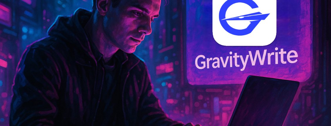 Digital illustration of a content creator working on a laptop with AI-generated content floating around, featuring GravityWrite logo and various content types like blogs, images, and videos