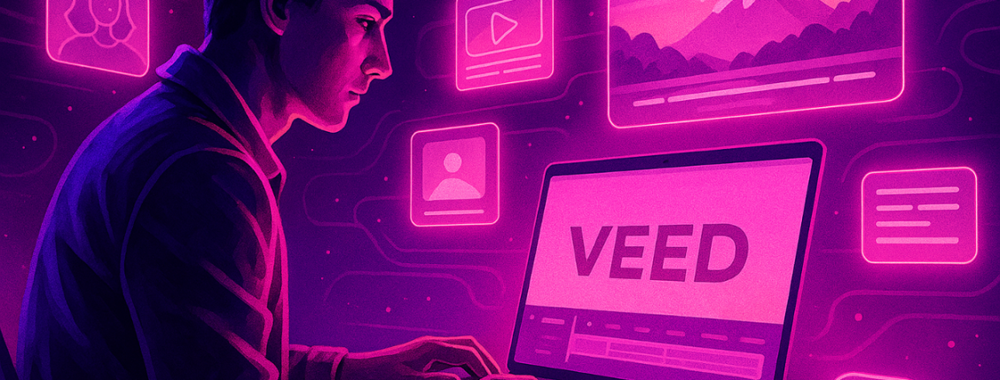 Digital illustration of a person using a laptop displaying the word ‘VEED Digital illustration of a person using a laptop displaying the word 'VEED